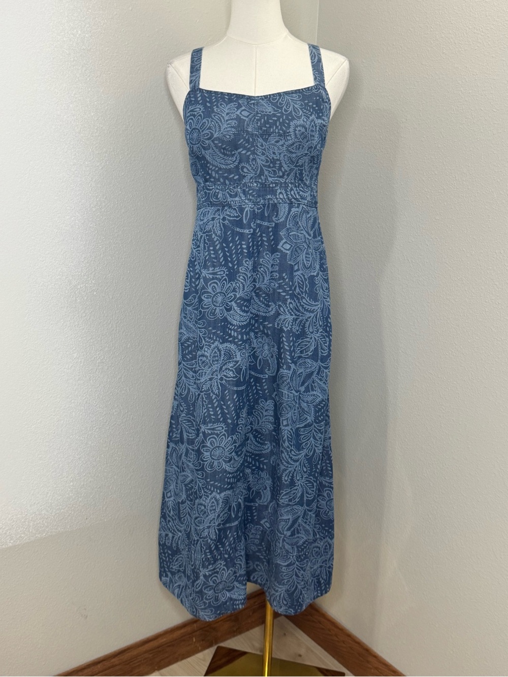 Democracy Petite Small Blue Floral Lyocell Maxi Dress Square Neck NWT